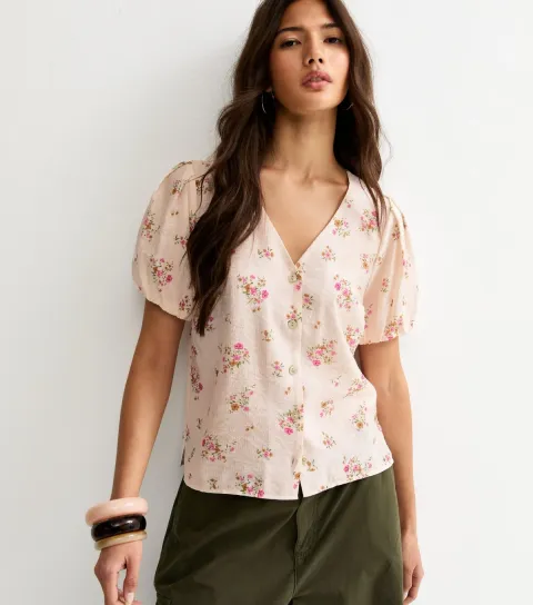Women's Pink Floral Print Button Front Short Sleeve Blouse