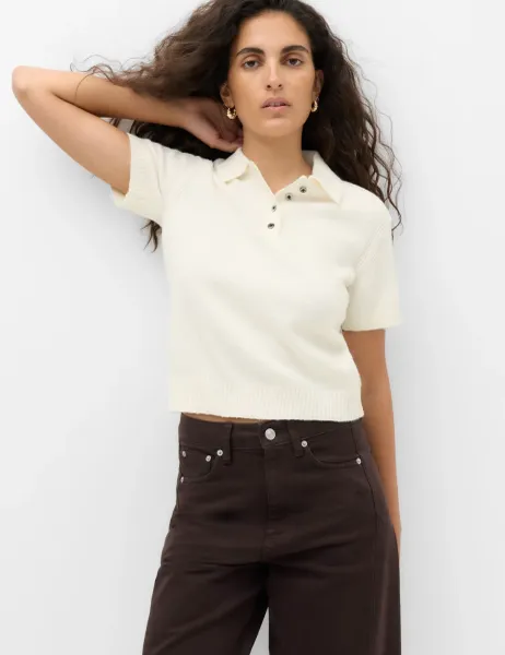 Marks & Spencer Slim Fit Cropped Knitted Polo Top Ivory