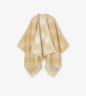Check Wool Silk Cashmere Cape in Sand beige/ecru beige