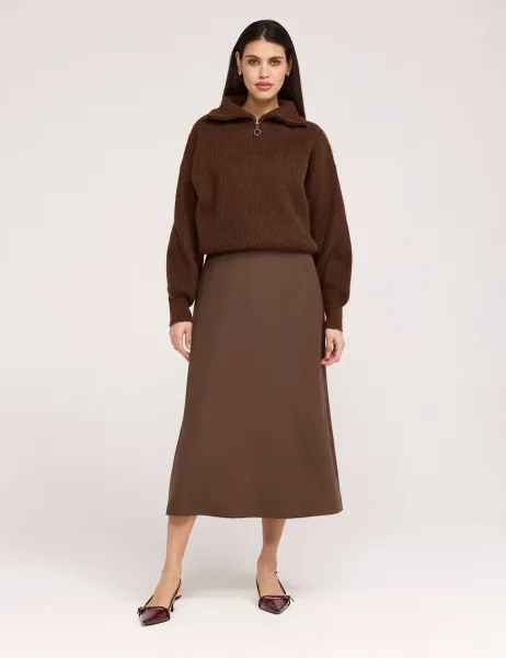 Twill Midi A-Line Skirt Brown