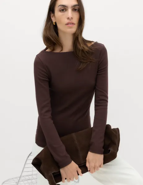 Marks & Spencer Cotton Rich Premium Slash Neck Top Dark Chocolate