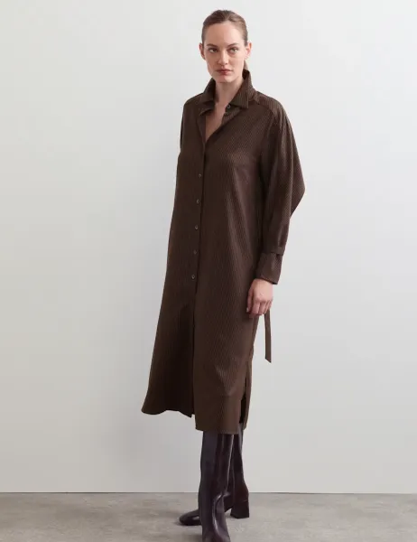 Jaeger Wool Rich Pinstripe Midi Tailored Dress Chocolate
