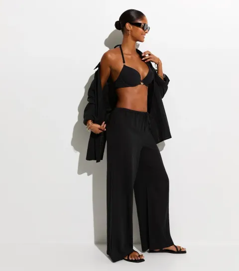 New Look Women's Beach Black Cotton Slub Wide Leg Trousers