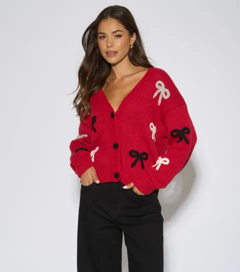 Gini London Women's Plaited Bow Long Sleeve Cardigan