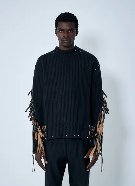 Leather Embellished Wool Sweater