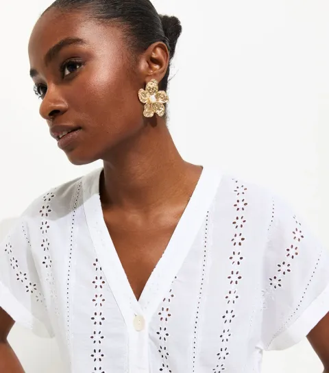 Women's White Cotton Broderie Anglaise Button Through Top