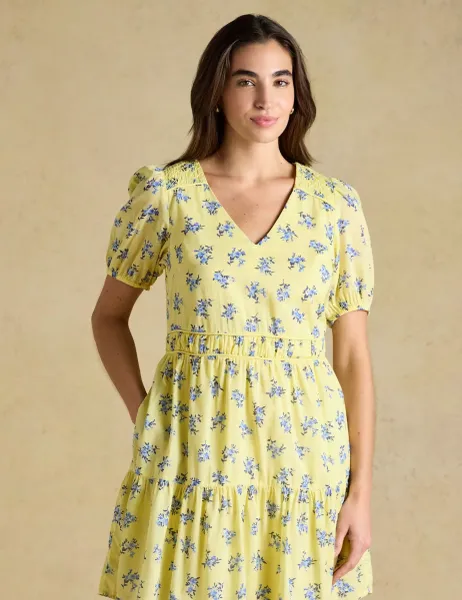 Joules Pure Cotton Floral V-Neck Mini Tiered Dress Yellow Mix
