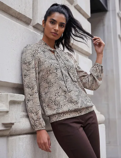 Animal Print Tie Neck Regular Fit Top Beige Mix