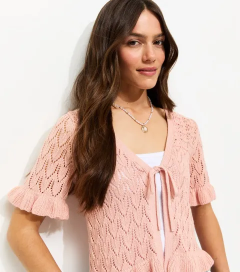 Women's Petite Light Pink Open Knit Stitch Tie Short Sleeve Cardigan
