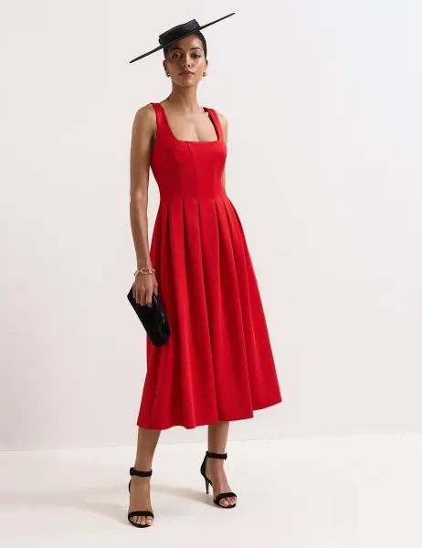 Phase Eight Square Neck Scuba Midi Waisted Dress Red