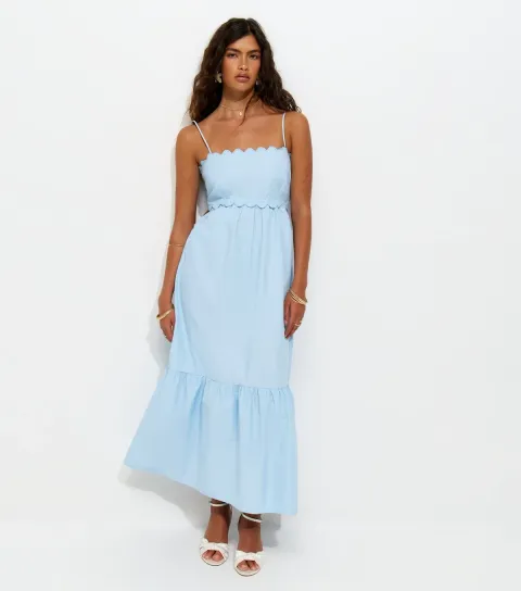 Women's Light Blue Scalloped Edge Strappy Poplin Midi Dress