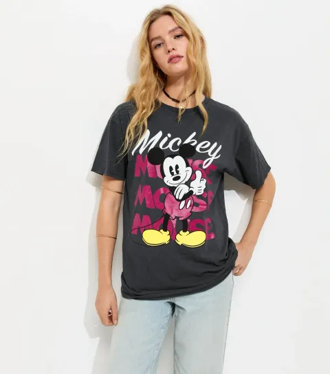 Women's Dark Grey Mickey Acid Wash Oversized T-Shirt