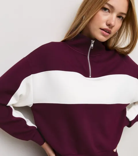 New Look Women's Premium Red Colour Block Three Quarter Zip Sweatshirt