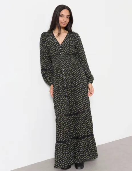 FatFace Jacquard Lace Insert Maxi Shirred Dress Navy Mix