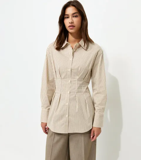New Look Women's Cream Cotton Rich Striped Fitted Waist Shirt