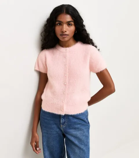 New Look Women's Petite Light Pink Fluffy Knit Cap Sleeve Cardigan