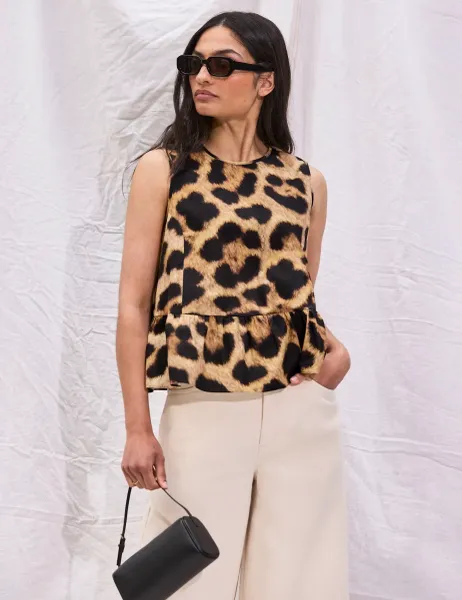 RO&ZO Pure Cotton Leopard Print Peplum Top Brown Mix