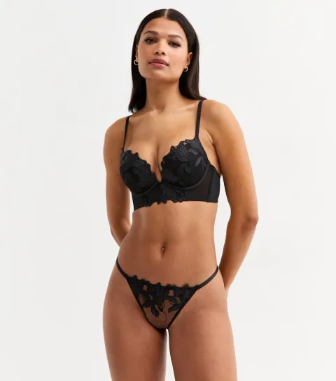 Women's Black Floral Applique Mesh Thong