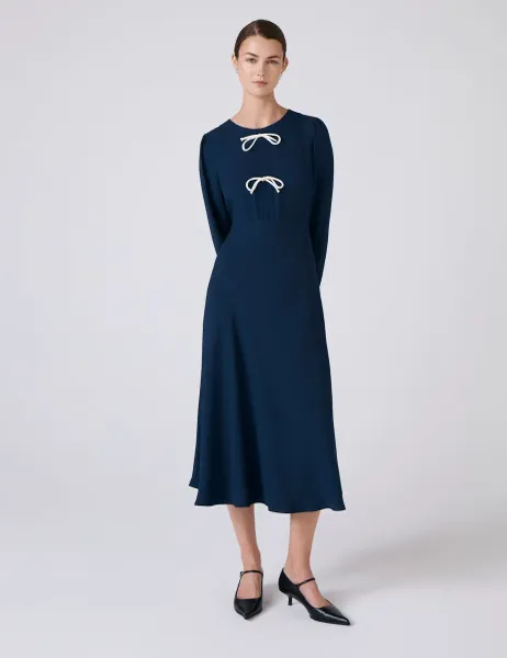 Ghost Crepe Tie Front Midi Skater Dress Navy