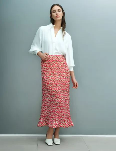 French Connection Plissé Floral Midi A-Line Skirt Pink Mix