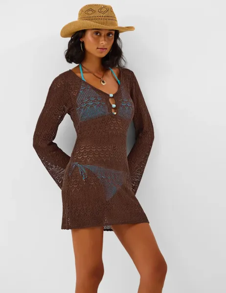 Pure Rayon Knitted Mini Beach Dress Chocolate