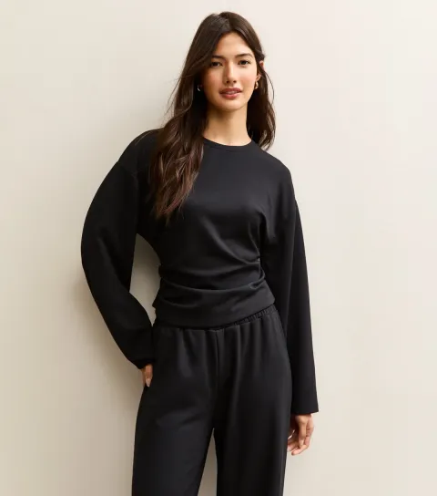 Women's Black Ruched Waist Cropped Sweatshirt