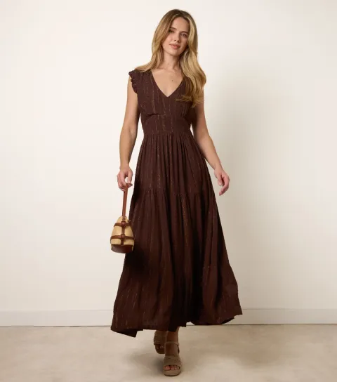 Women's Dark Brown V Neck Tiered Midi Dress