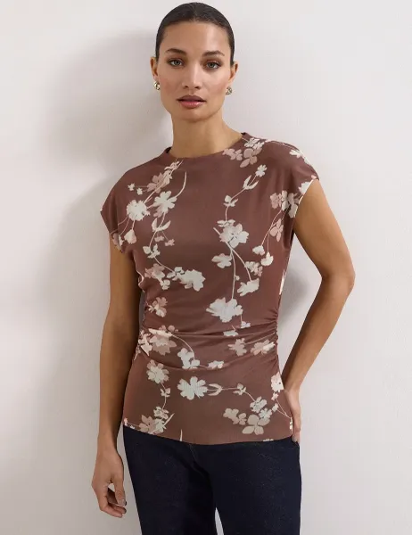 Mesh Jersey Floral Ruched Top Brown Mix