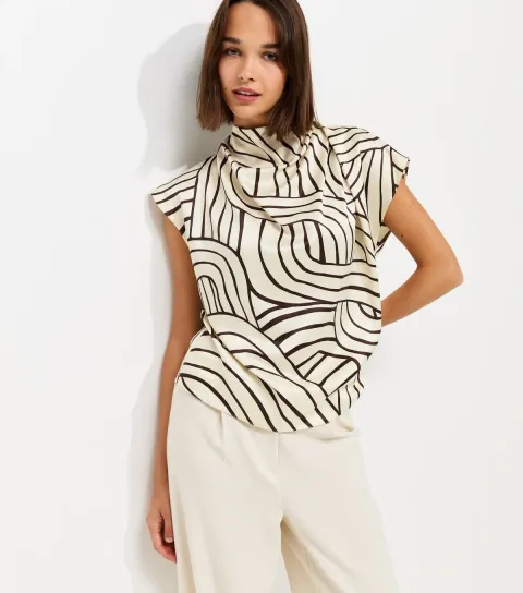 Women's Cream Swirl Print Cowl Neck Top