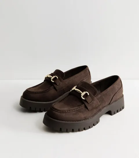 Women's Dark Brown Faux Suede Metal Bar Chunky Loafers Vegan