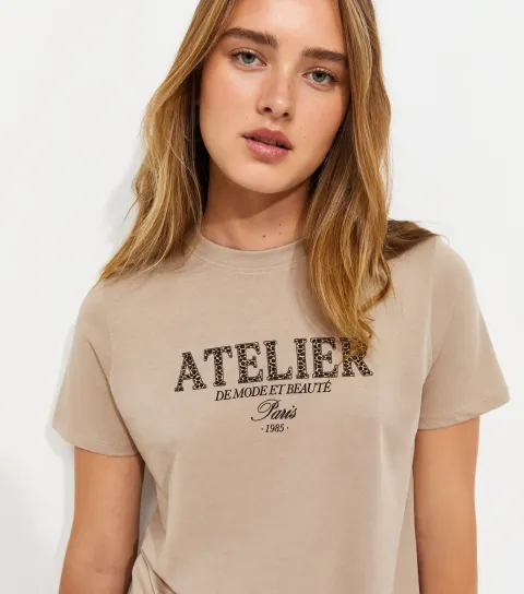 Women's Mink Cotton Leopard Print Atelier Logo T-Shirt