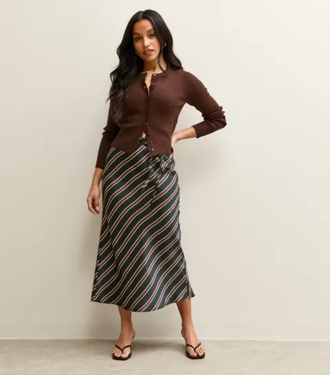 Women's Petite Black Striped Satin Bias Cut Midi Skirt