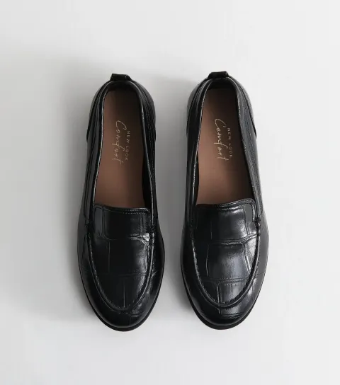 Women's Black Faux Leather Crocodile Embossed Loafers Vegan