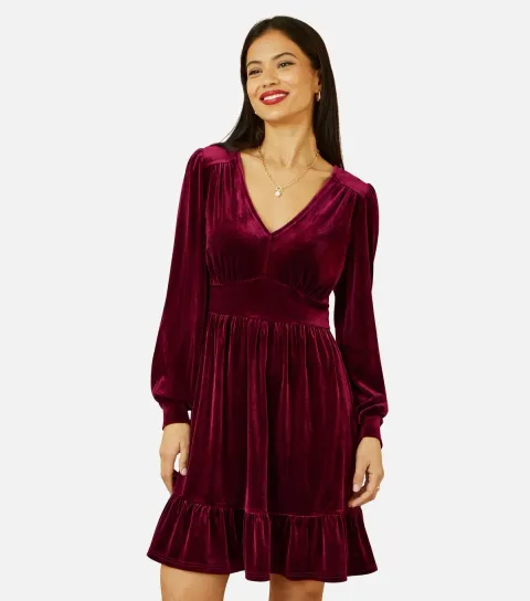 Women's Burgundy Velvet Long Sleeve Skater Dress