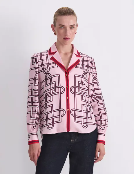 Sportscraft Printed Collared Relaxed Blouse Pink Mix