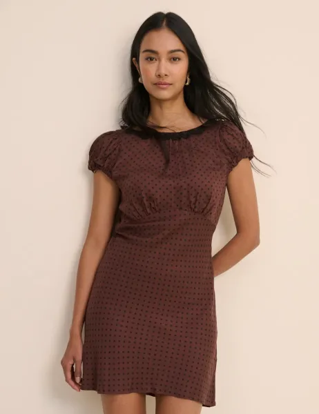 Nobody's Child Polka Dot Round Neck Mini Tea Dress Brown