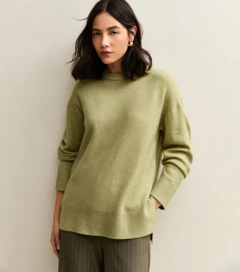 Women's Light Green Knitted Side Split Jumper