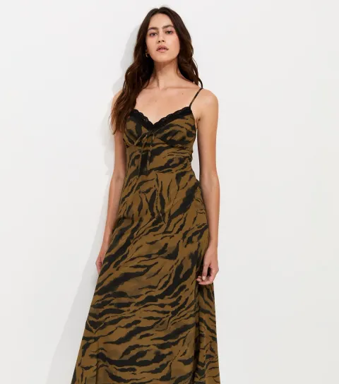 Women's Brown Tiger Print Lace Trim Midi Dress