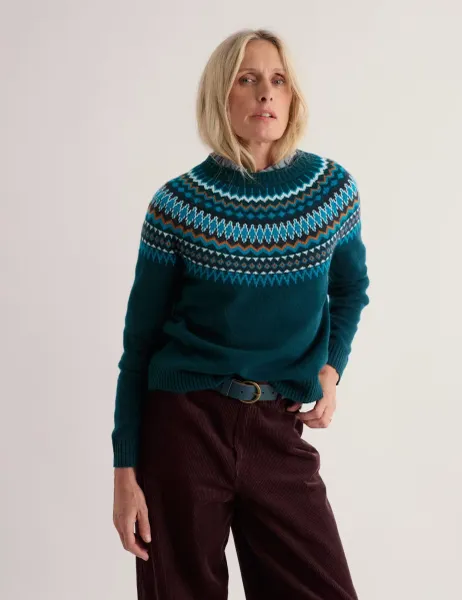Seasalt Cornwall Merino Wool Rich Fairisle Crew Neck Jumper Teal Mix