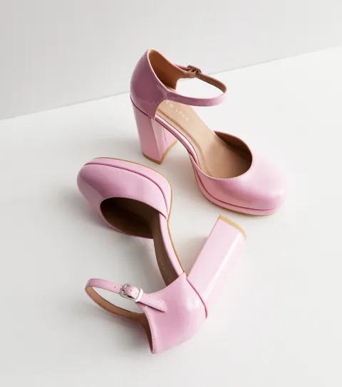 Women's Pink Patent 2 Part Platform Block Heel Sandals