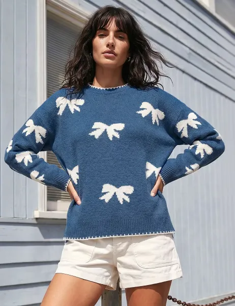 Roman Bow Stitch Detail Jumper Denim Mix