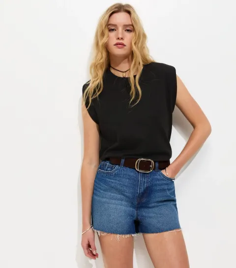 Women's Dark Blue Wash Mom Denim Shorts