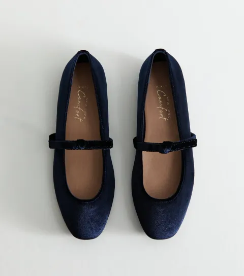 New Look Women's Wide Fit Navy Velvet Bow Strap Mary Jane Flats Vegan