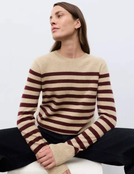 Autograph Pure Cashmere Striped Crew Neck Jumper Dark Burgundy