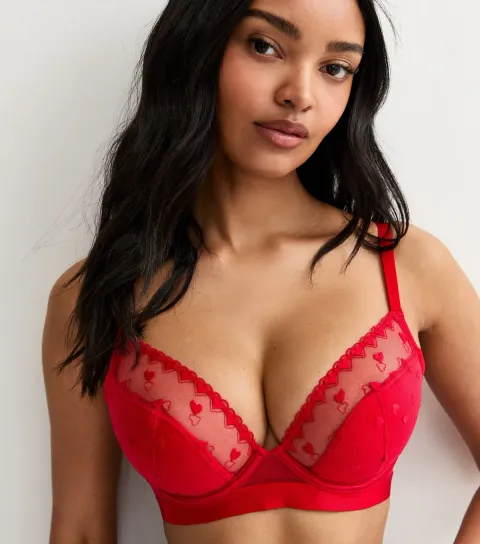 Women's Bright Red DD+ Heart Embroidered Demi Padded Bra