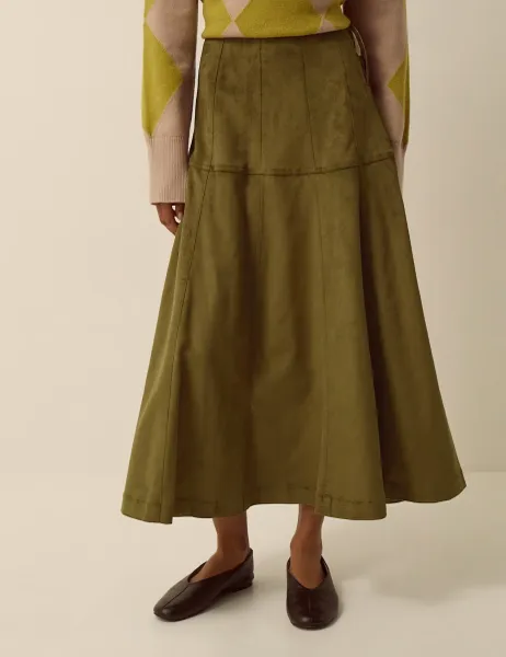Monsoon Suedette Midi A Line Skirt Khaki