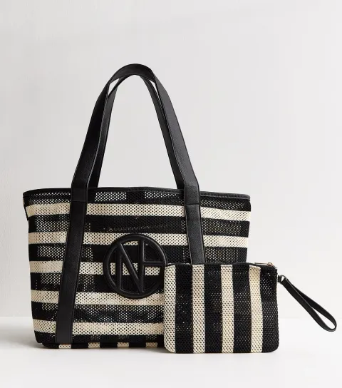 Black Striped Mesh Tote Bag with Pouch