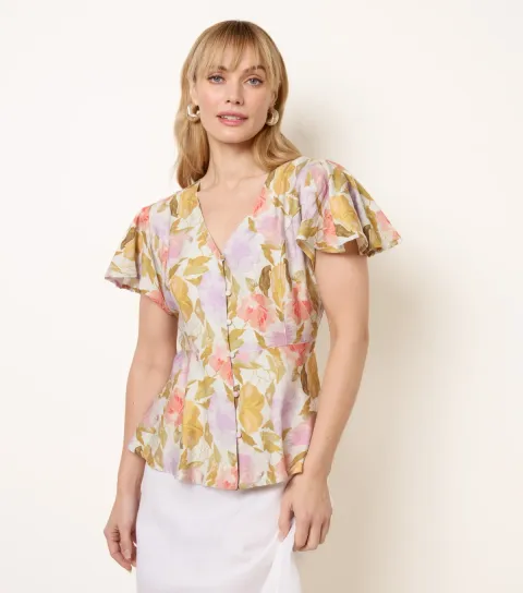 Women's Multicoloured Floral Flutter Sleeve Blouse