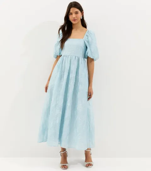 Women's Light Blue Glitter Clipped Milkmaid Midi Dress