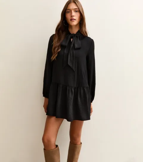 Women's Black Tie Neck Smock Mini Dress